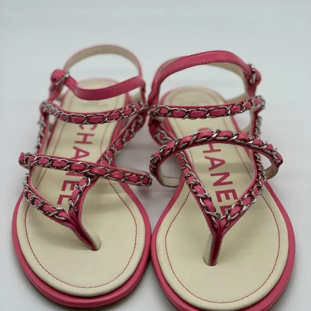 CHANEL 19P Leather Chain Strappy Thong Flat Sandals Shoes - Picture 3 of 10